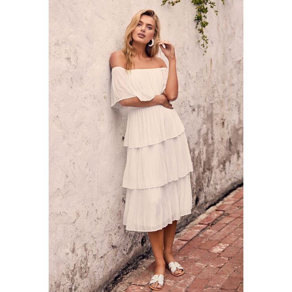 Lulus Gala Ready White Off-the-shoulder Ruffle Midi Dress - Size S